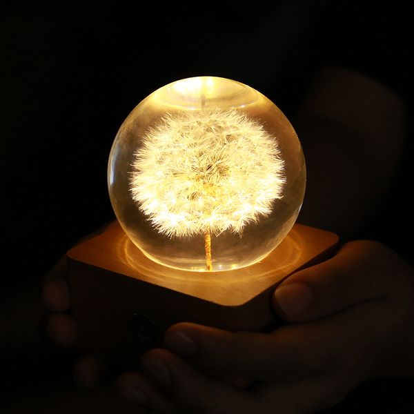

dandelion crystal glass resin lamp ball 80mm real natural plant light specimen feng shui flower home decor gift beech wood base