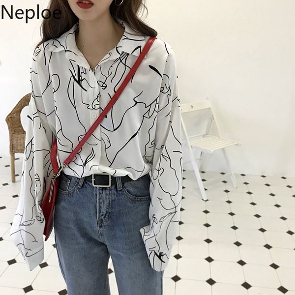 

women's blouses & shirts neploe women causal pringting blouse 2021 spring long sleeve femme single breasted loose bf style blusas 4b06, White