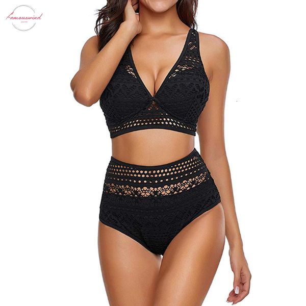 

black white lace high waist swimsuit bikini set 2020 solid bikinis women push up swimwear banting suit suits beachwear, White;black