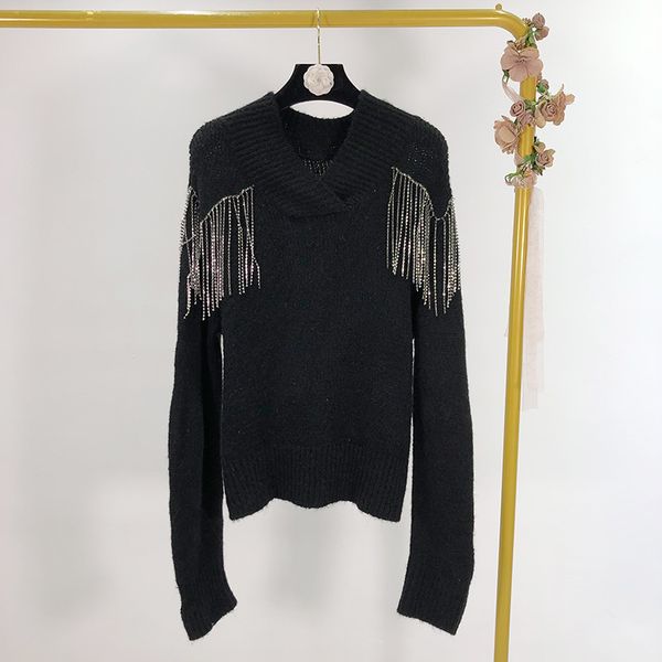 

2020 design sense fringed diamond decoration v-neck sweater women's temperament sweater, White;black