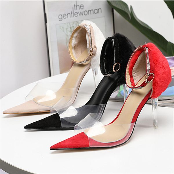 

fashion pointed toe women pumps 10cm high heels pvc wedding dress shoes woman stiletto valentine shoes clear heels, Black