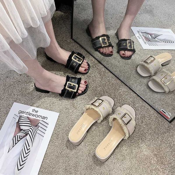 

shoes woman's slippers square heel low slides rubber flip flops mules for women 2020 fashion new block soft hawaiian luxury, Black