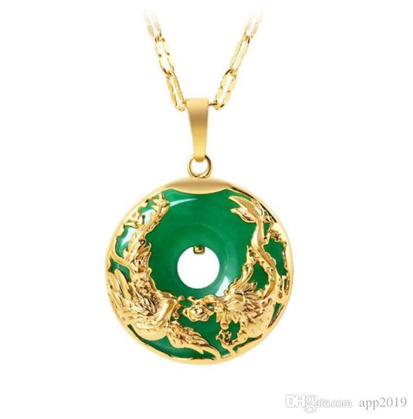 

mgfam (173p) dragon and phoenix pendant necklace for women green malaysian jade china ancient mascot 24k gold plated with 45cm chain, Silver