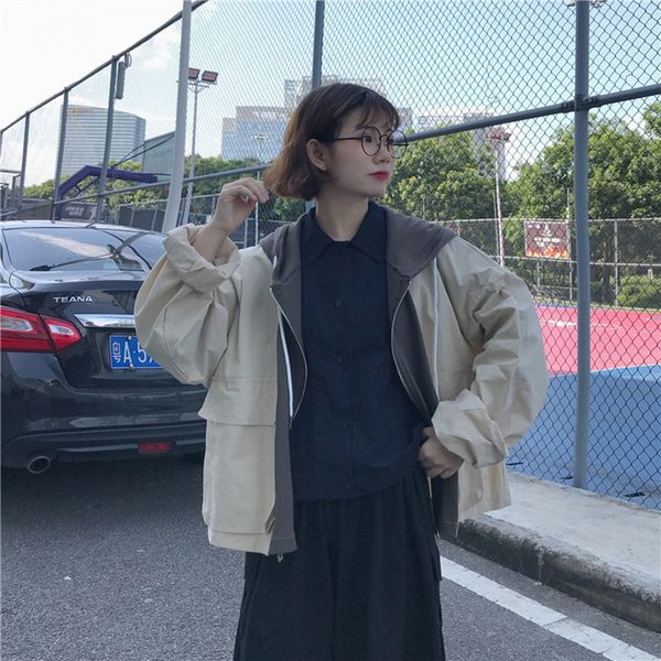 

women's autumn new hooded jacket harbour style design contrast color pocket stripe loose joker long sleeve casual jacket ml063, Black;brown