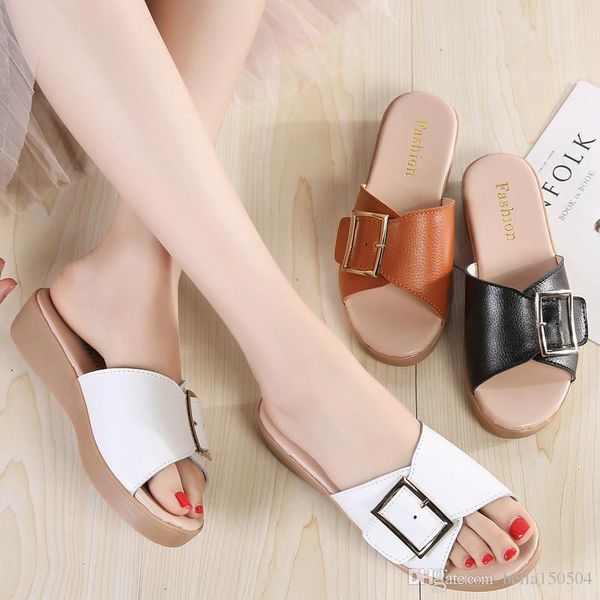 

genuine leather female slippers luxury sandals metal buckle women black colors sandals female summer outdoor beach slippers