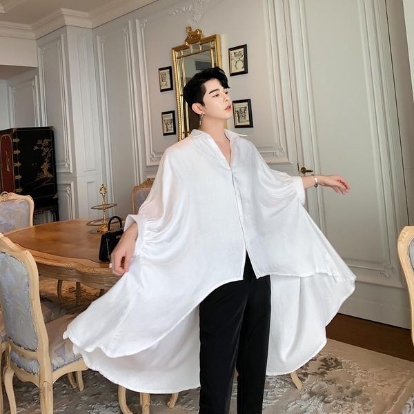 

men irregular big hem bat short sleeve oversize loose black white shirt male women street gothic punk stage show long shirts