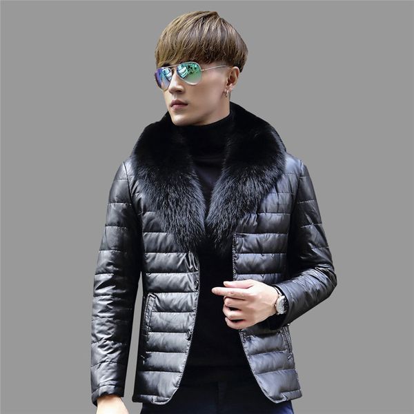 

leisure genuine leather down jacket male fur collar short large size sheepskin coats autumn winter men slim outerwear no686, Black