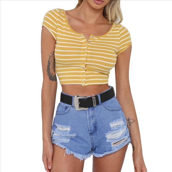 

women's striped round collar short-sleeved t-shirt short jacket women's striped round collar slim short-sleeved t-shirt slim short, White