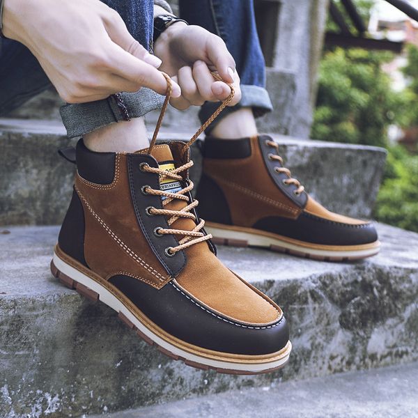 

men ankle boots male martin boots spring autumn high tooling shoes lace up round toe mans footwear plus size, Black