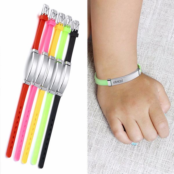 

personalized children's bangle with silicone id tag bracelet kids adjustable wristband, Golden;silver