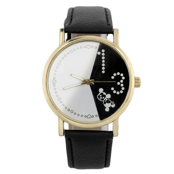 

genboli women girls simple quartz wristwatches heart cute animal mouse pu leather watch black and white dial gift relogio, Slivery;brown