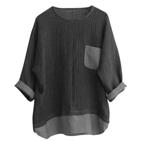 

jaycosin shirts men summer linen patchwork blouses fitness seven-minute sleeve solid shirt loose blouse tee streetwear 426, White;black