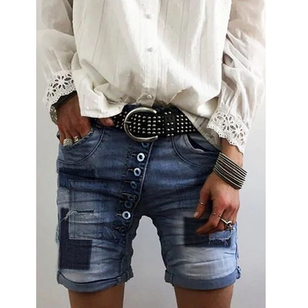 

womenslarge size denim shorts washed patch button jeans, Blue