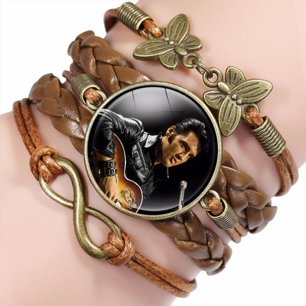 

elvis presley glass jewelry with glass cabochon multilayer multicolor leather bracelet cne fast shipping, Black
