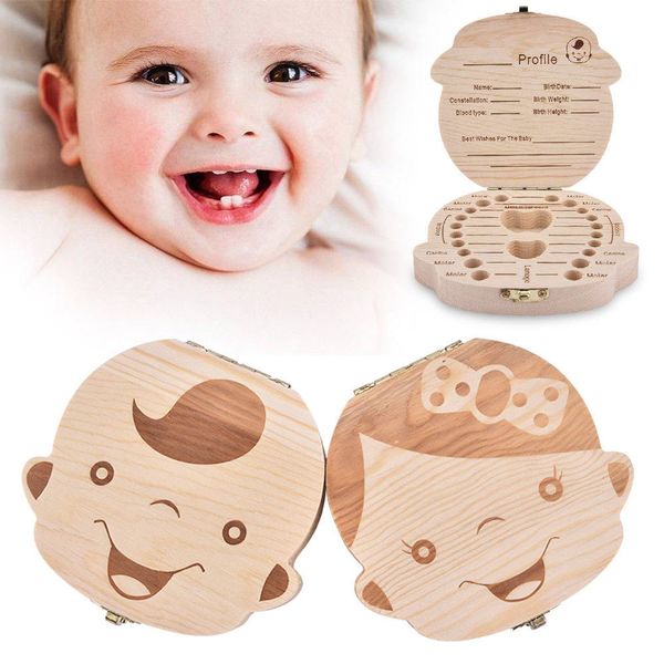 

wood baby teeth box spanish english portuguese french russia organizer save infant milk tooth umbilica storage collect case