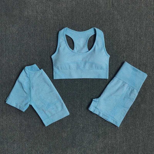

seamless 3pcs women yoga set workout sports bra crop short sleeve t shirt high waist fitness shorts gym clothes sports suits