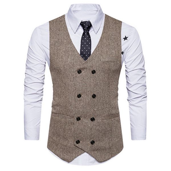 

puimentiua men spring autumn men's fashion vintage double-breasted suit vest new sleeveless business party slim fit waistcoat, Black;white