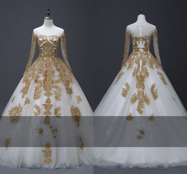 

gold lace beaded sequins wedding dresses with long sleeves sheer neckline applique tulle ball gown bridal dress custom made 2019, White