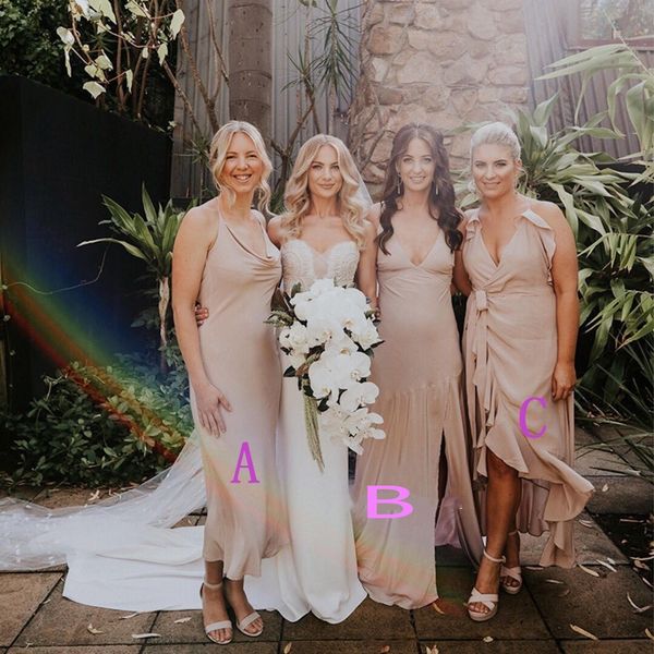 

2020 country bridesmaids dresses mixed styles sleeveless v neck backless long maid of honor gowns wedding guest wears, White;pink