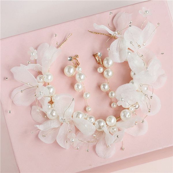 

korean bride wedding headwear juan yarn white soft cloth chain hair hoop headwear pearl ear clip group combine suit, Silver