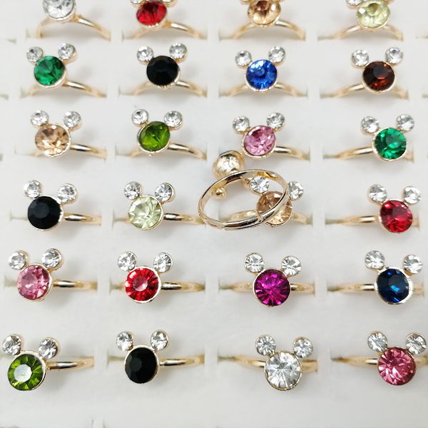

100pcs fashion wholesale lots bulk korean colorful rhinestone gold color mouse cartoon animal band finger rings for women girls, Golden;silver