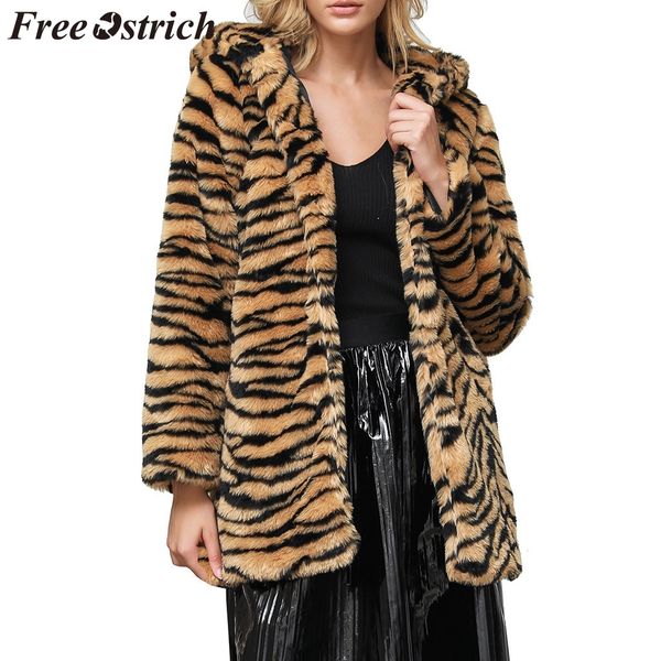 

ostrich coat women tiger print hooded stitching loose plush fur o-neck solid loose fashion new autumn winter coat women, Black;brown