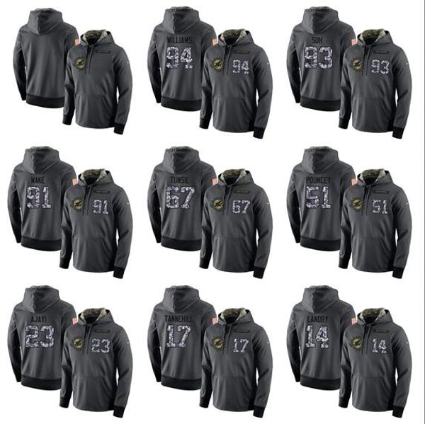 

2019 miami men women youth dolphins #94 #93 #91 #67 #51 #23 #17 #14 #11 any number any name salute to service player performance hoodie, Blue;black