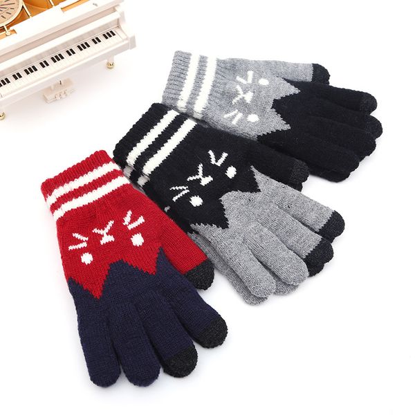 

winter women warm jacquard stretch knit gloves female cute cartoon cat accessories wool full finger gloves thicken mittens b46, Blue;gray