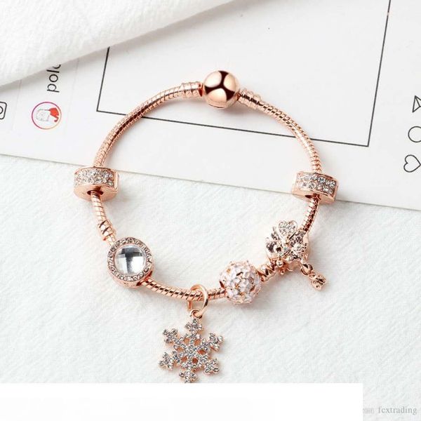 

new ale rose gold loose beads snowflake pendant bangle charm bead bracelet for girl diy jewelry as christmas gift, Golden;silver
