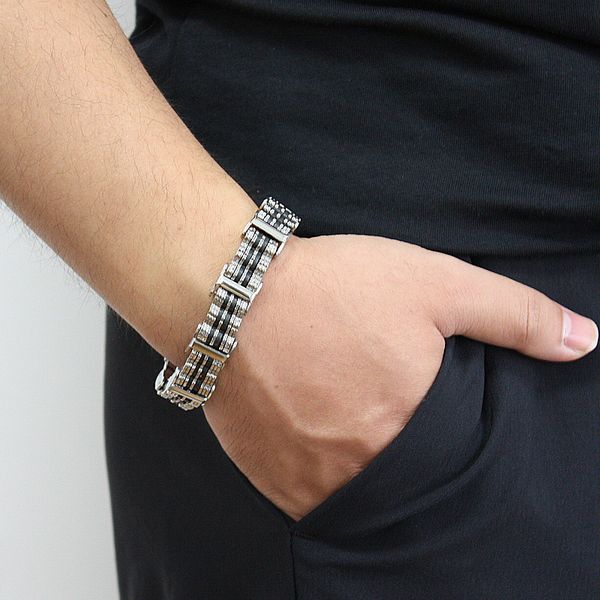 

silver fashion punk 11mm width chain bracelet for women silicone bangle charms bracelets men pulseira jewelry gift 19.5cm, Black