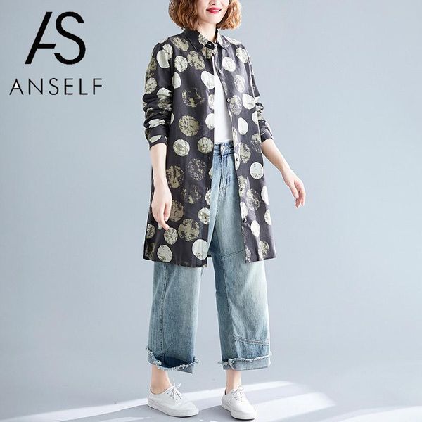 

women cotton linen blouse vintage polka dot print shirt turn-down collar button long sleeve 2019 autumn shirt female tunics, White