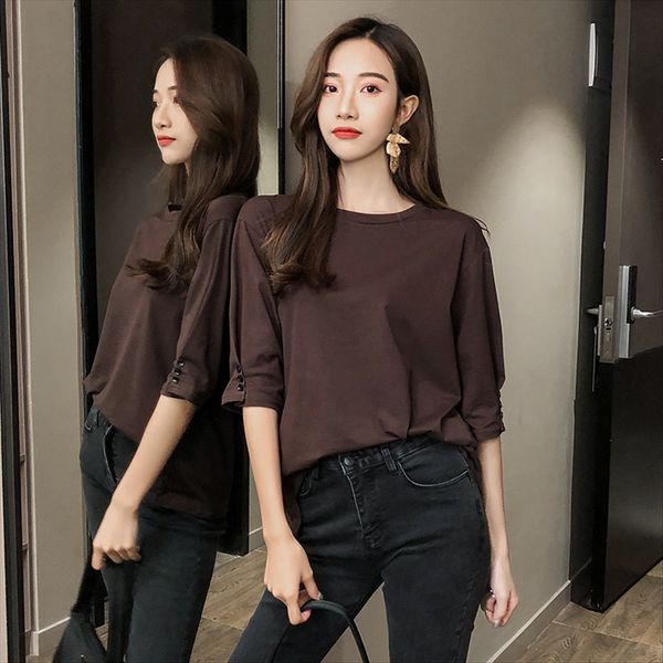 

cotton mid- t-shirt women's loose european jacket clip clip products 2020 color half-sleeve versatile t-shirt seven-sleeve jacket, White