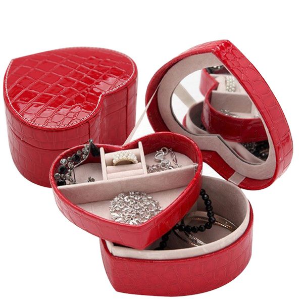 

jewelry storage red leather heart jewelry case portable jewel box rings necklace display travel organizer wedding birthday gift, Pink;blue