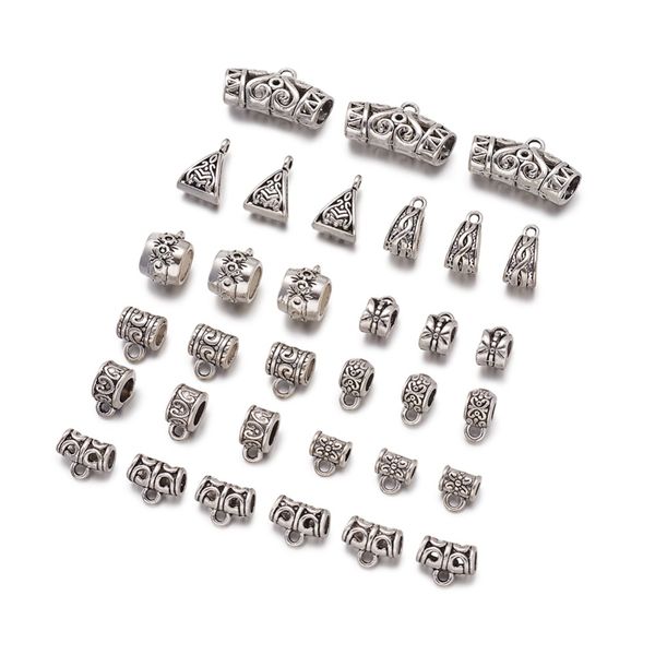 

100pcs 14x7.5x9mm antique silver tibetan style hanger links bail beads diy neclace bracelet jewelry findings mixed shapes, Blue;slivery