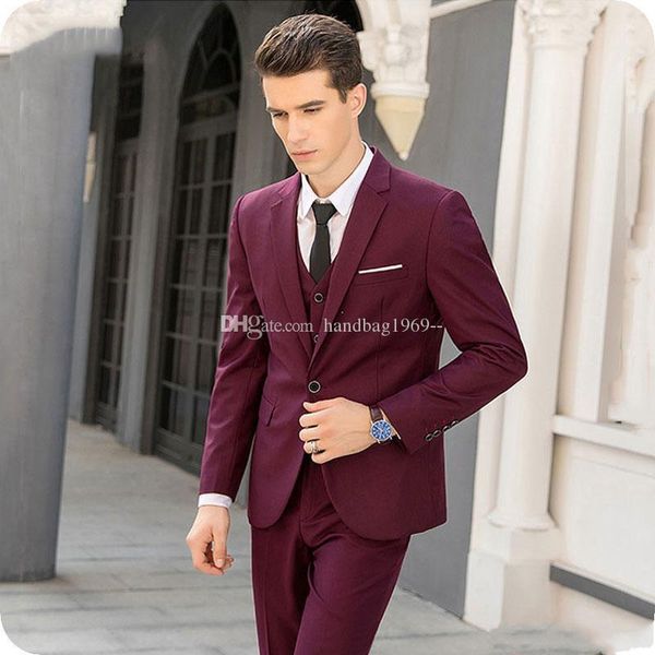 Moda One Button Burgundy Noivo Smoking Notch lapela Groomsmen Mens casamento / Prom / Jantar melhor homem Blazer (Jacket + Calças + Vest + Tie) K75