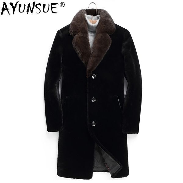 

ayunsue real sheep shearling fur coat 2019 winter jacket men collar long jackets real wool coats sa05 my1437, Black
