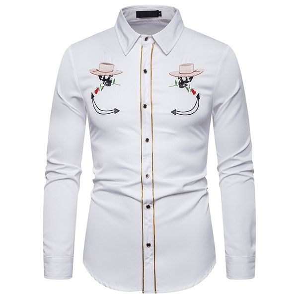

men's western denim fashion embroidered shirt slim casual long sleeve buttoned shirt men's national style fashion s-xxl, White;black