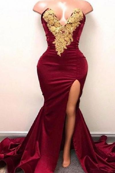 

custom made burgundy prom dresses with gold lace appliqued mermaid front split for long party evening wear gowns, Black