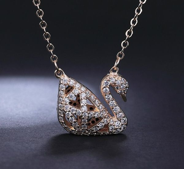 

hollow out crystal swan necklace gold color pendant chain for women two sided swan jewelry gifts, Silver