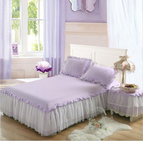 

solid lace princess bedding bed skirt pillowcases 1/3pcs cubrecama mattress cover girls bedspread fitted sheet home decoration