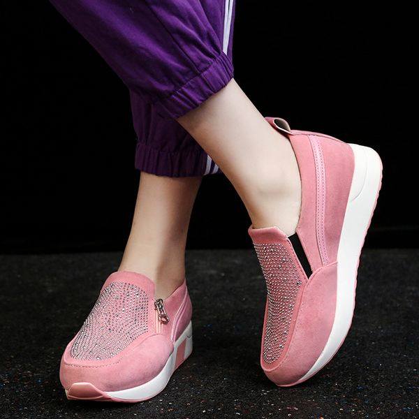 

big size 35-43 women sneakers platform loafers rhinestone slip on casual shoes black bling woman shoes white zipper 78c82