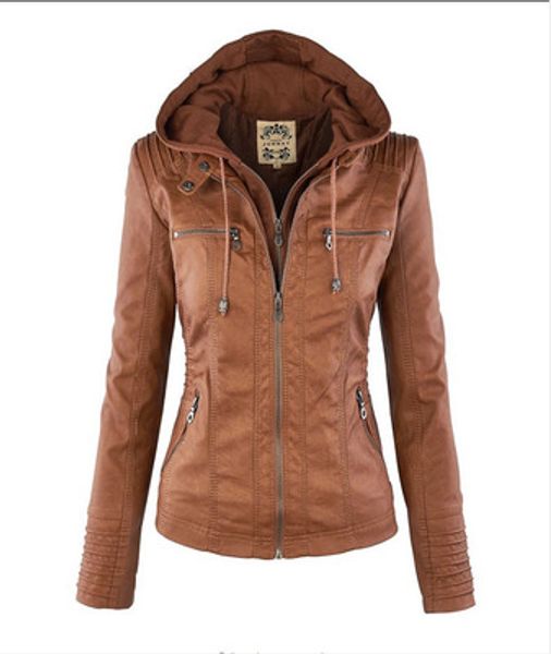 

women jackets female faux leather jacket long sleeve hat removable basic coats waterproof windproof winter women's clothing, Black