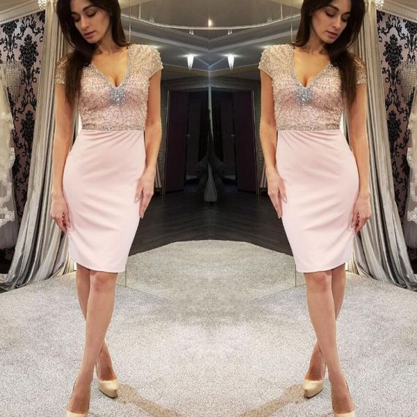 

crystal beading sheath cocktail dresses cap sleeve v neck knee length short prom dresses for party special occasion wear, Black