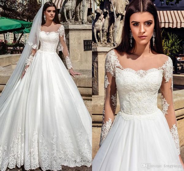 

2019 элегантные кружевные аппликации с прозрачным вырезом с длинными рукавами и жемчугом тюль свадебные платья свадебное платье большого раз, White