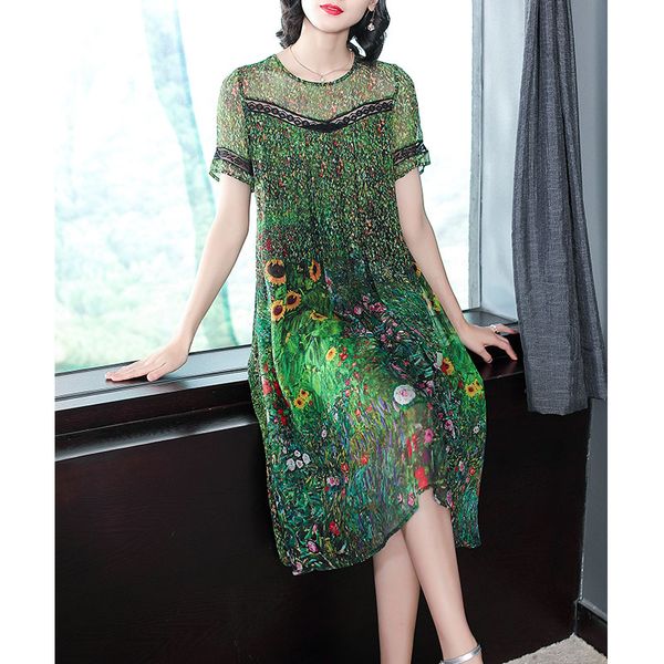 

vintage peacock green silk dress 2019 floral print summer dresses plus size -3xl gown lace stitching robes, Black;gray