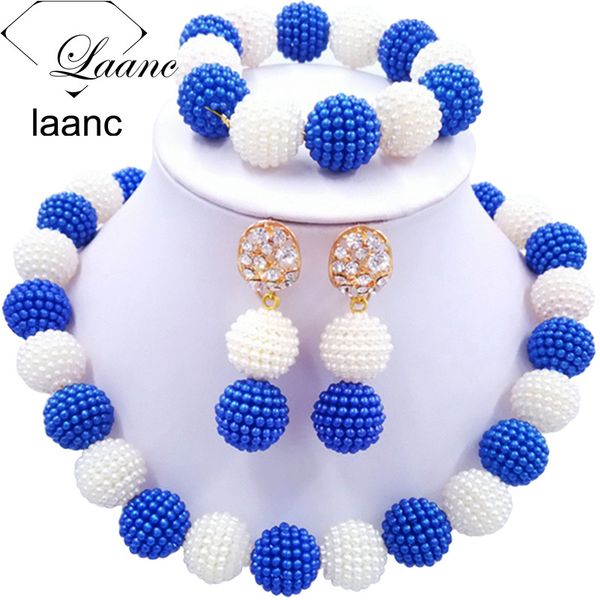 

laanc latest african beads jewelry set royal blue and white simulated pearl nigerian wedding necklace al703, Slivery;golden