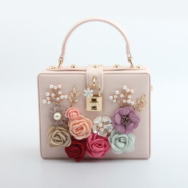 

caker brand 2018 women square handbag fashion beaded flower pu leather shoulder bags pink white red black blue chain bags cj191209, Black;red