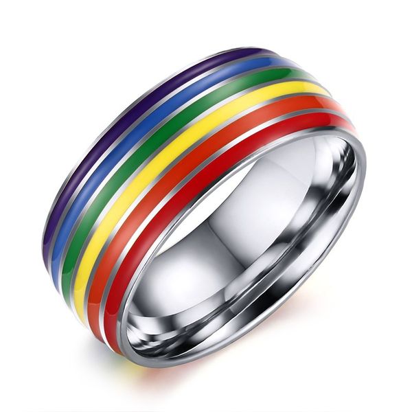 

8mm rainbow rings gay pride lesbian lgbt stainless steel colorful rings couple band ring jewelry for men women wholesale cheap, Silver