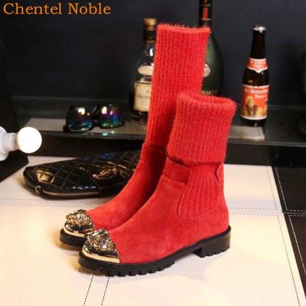 

genuine leather suede sock booties red green crystal metal embellished metal toe women flats autumn winter boots women shoes, Black