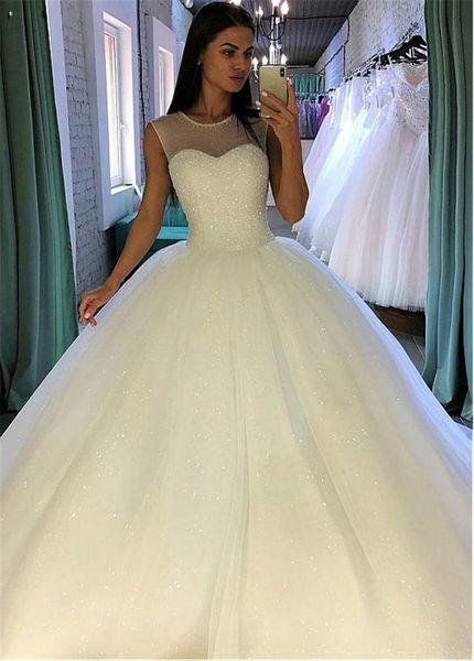 

shining sequin tulle jewel neckline ball gowns crew wedding dress with beadings bodice sleevelss bridal gowns vestido de festa longo, White